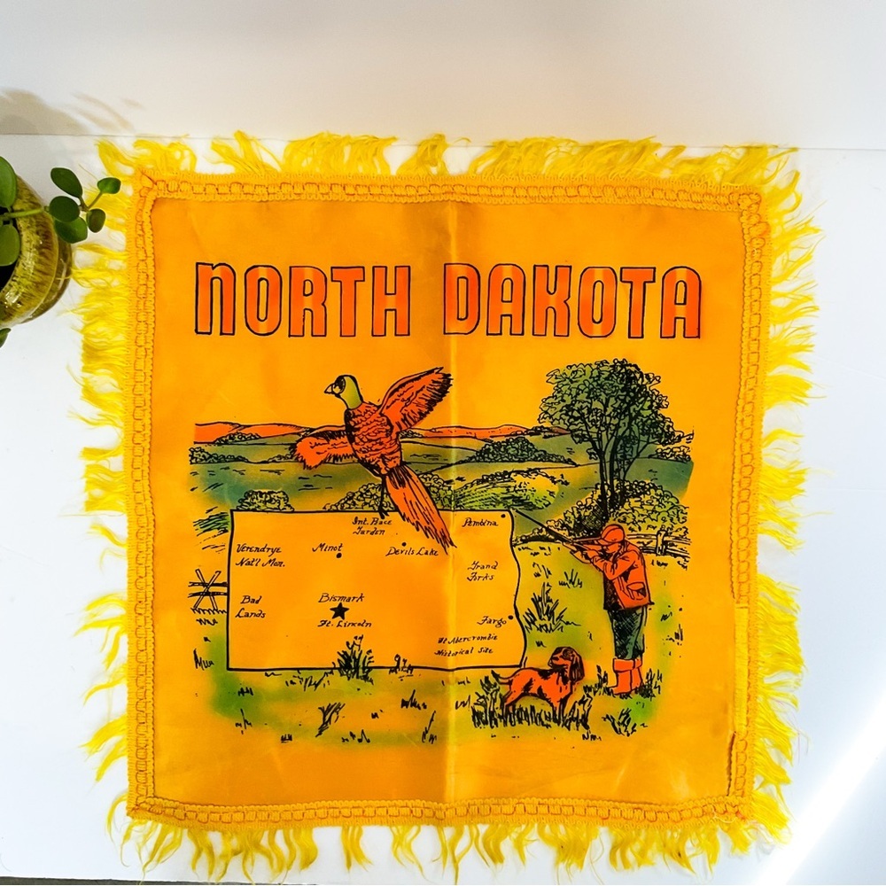 Vintage 1970s North Dakota Souvenir Pillow Cover Satin Fringe Travel Kitsch